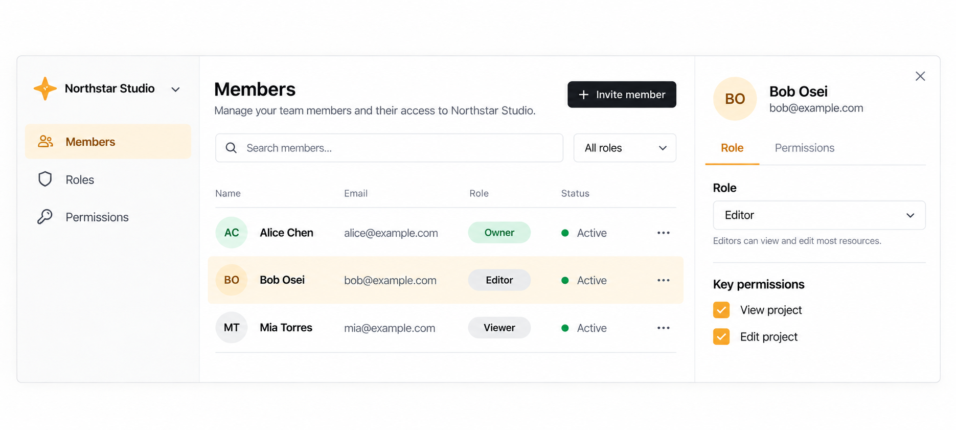 Proposed member workspace with organizations, member roles and a permissions detail panel. Illustrative interface, in development.
